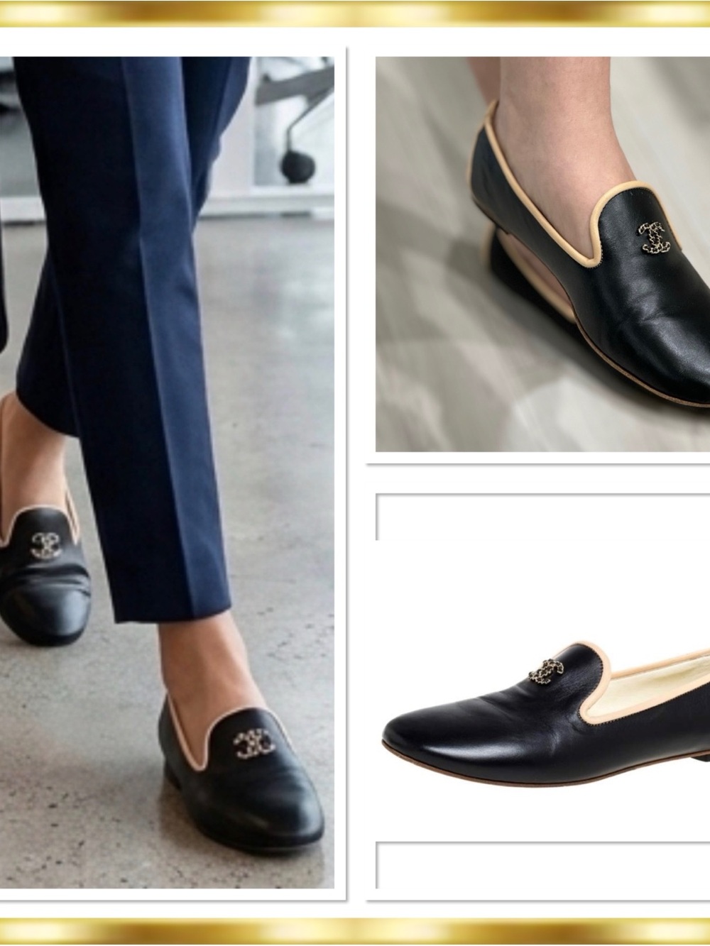 CHANEL Black Lambskin Leather Loafers with Beige Trim interlocking CC Logo $1200